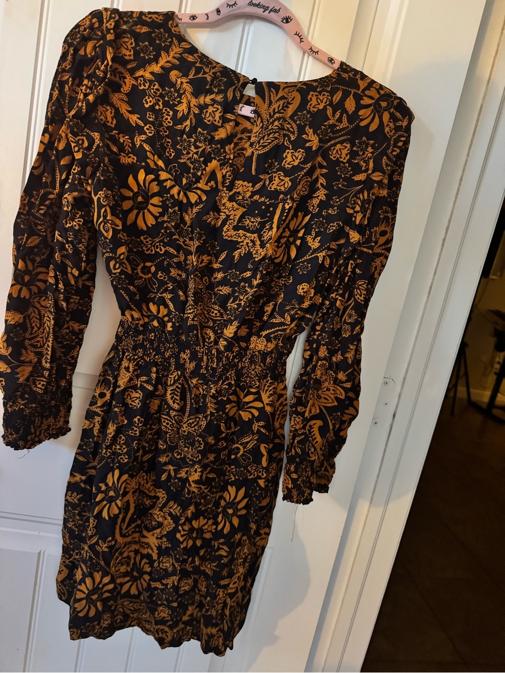 Zara Black and Mustard Floral Long-Sleeve Dress